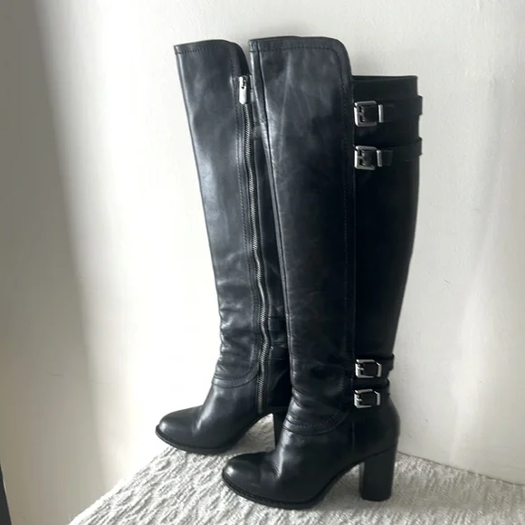 Adrienne Vittadini Black Leather Boots with Buckle Accents - Picture 1 of 15